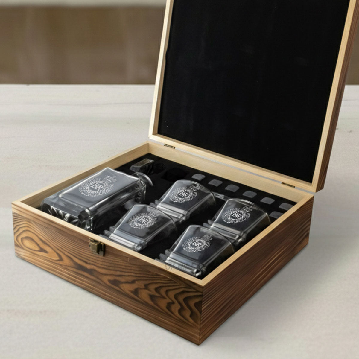 Luxury Decanter Glass and Whisky Stone Wooden Box Set