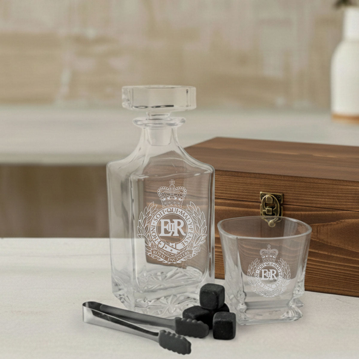 Luxury Decanter Glass and Whisky Stone Wooden Box Set