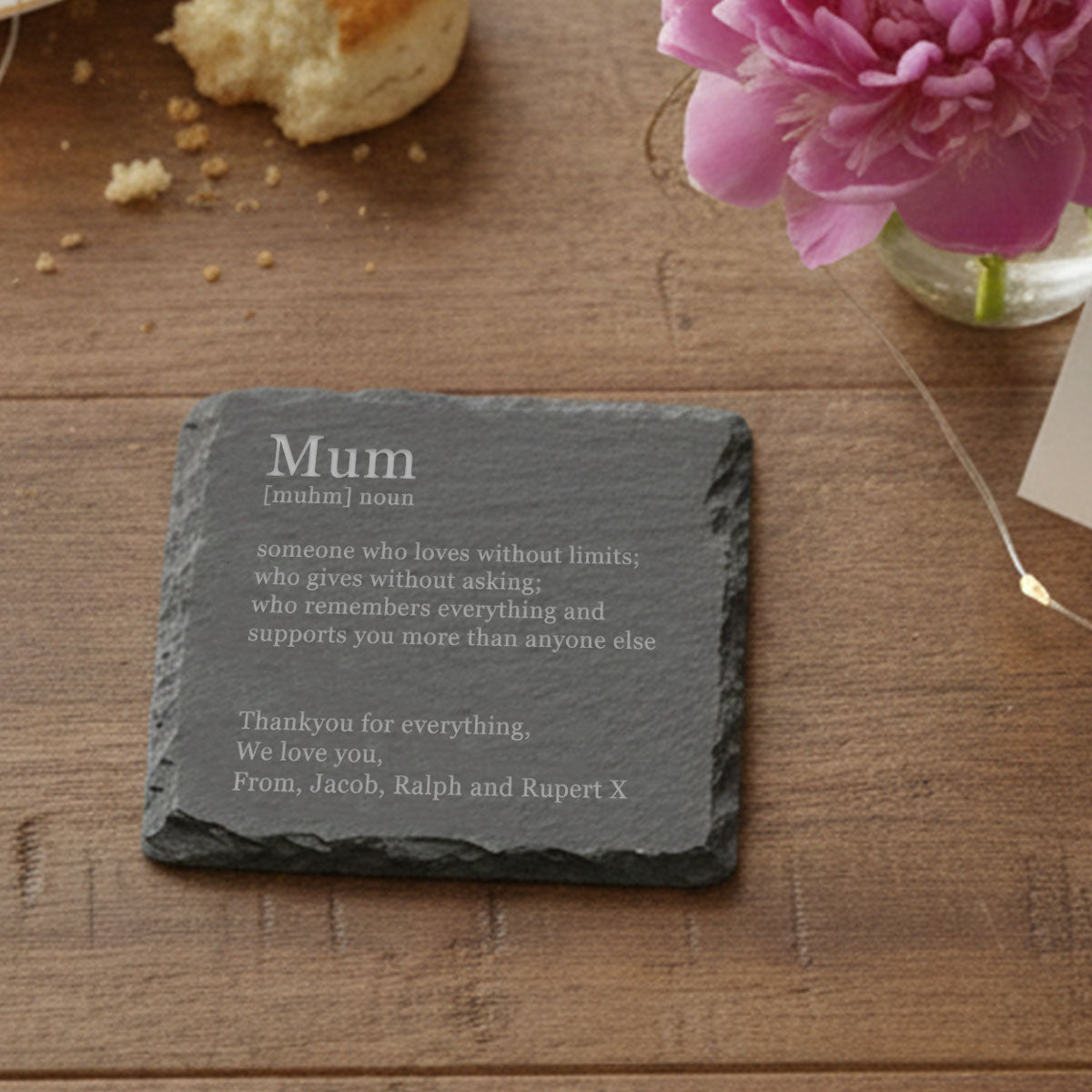 Personalised Mother’s Day Slate Coaster / Plaque – Engraved “Mum” Noun Keepsake