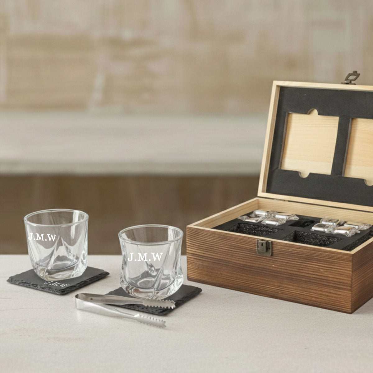 Whisky Glass and Coaster Gift Set with Stainless Steel Ice Cubes