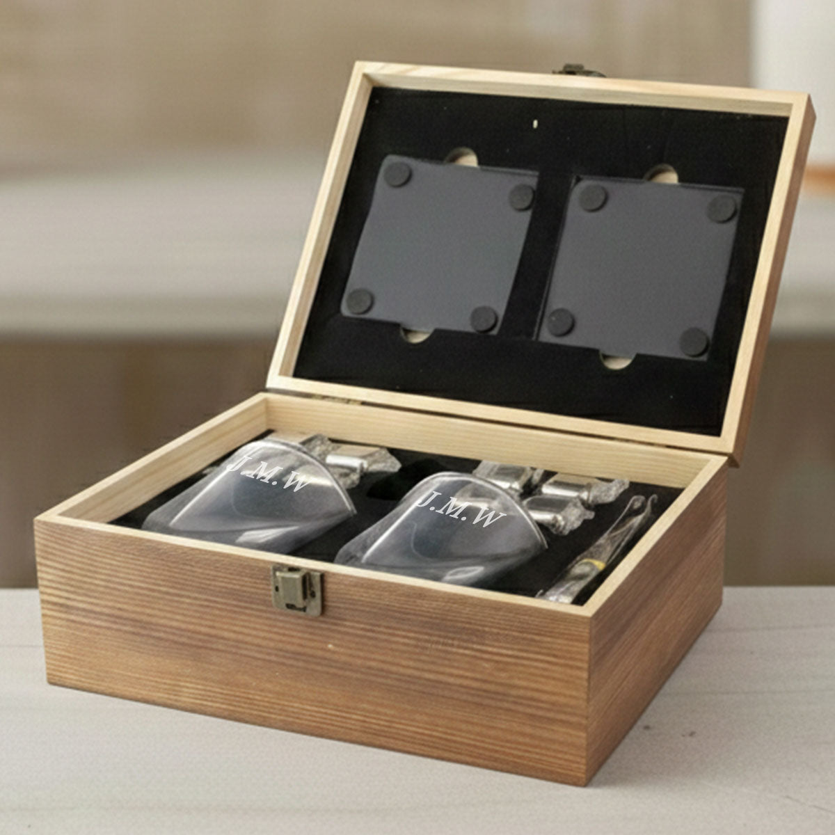 Whisky Glass and Coaster Gift Set with Stainless Steel Ice Cubes