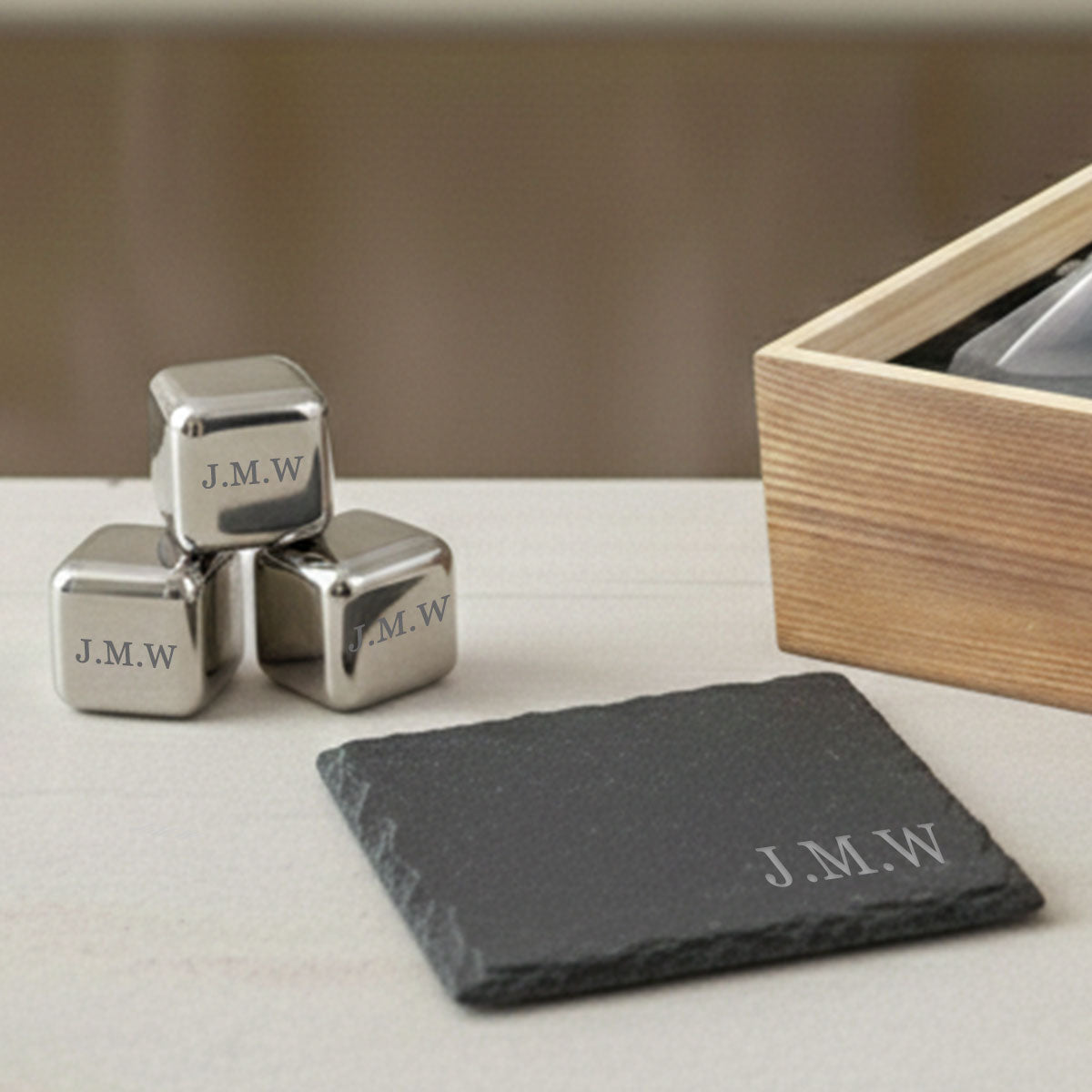 Whisky Glass and Coaster Gift Set with Stainless Steel Ice Cubes