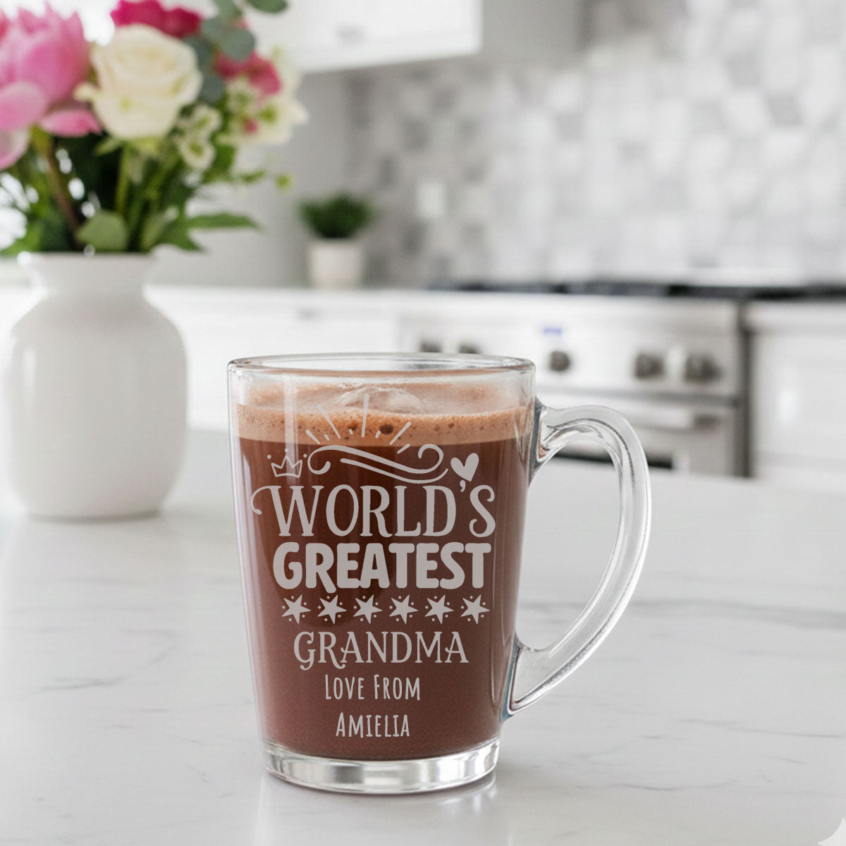 Personalised 320ml Glass Mug – “World’s Greatest Mum/Grandma/Nana”