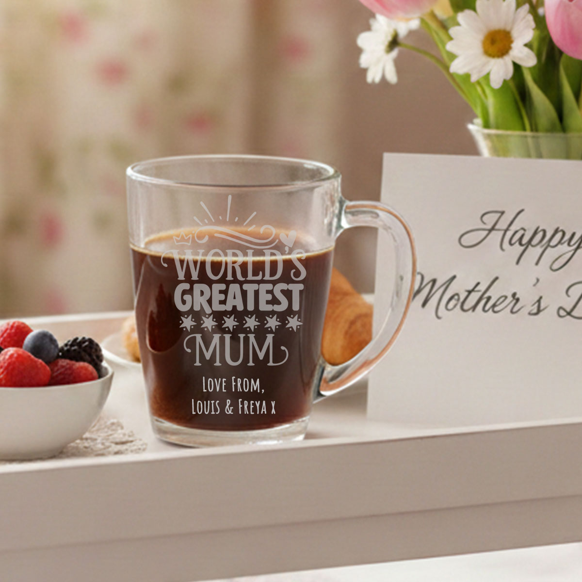 Personalised 320ml Glass Mug – “World’s Greatest Mum/Grandma/Nana”