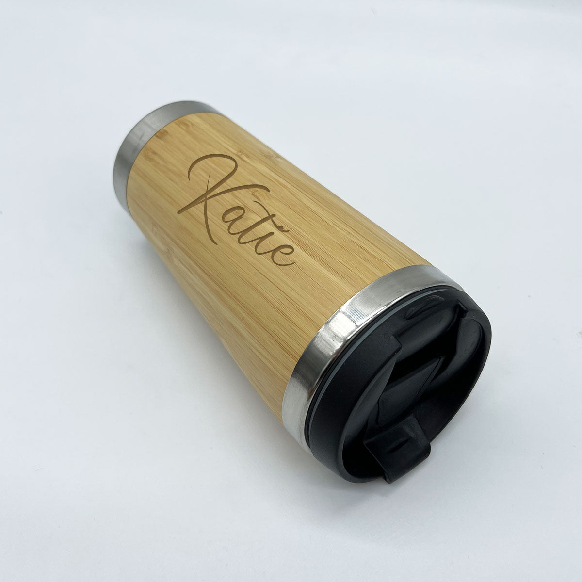 Personalised Thermal Bamboo Encased Travel Eco Mug Engraved Stainless Steel | Travel Flask