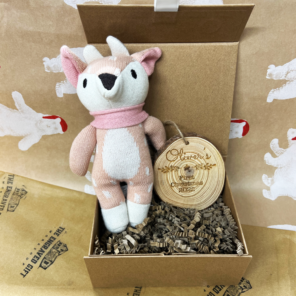Personalised Knitted Deer Toy Gift Box Christmas Tenderleaf Toys | Soft Toys